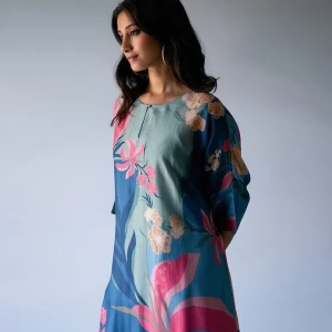 GANGA FASHIONS Midnight Blue, Pink & Pistachio Mix Colour Bemberg Silk Printed Kurta with Pant